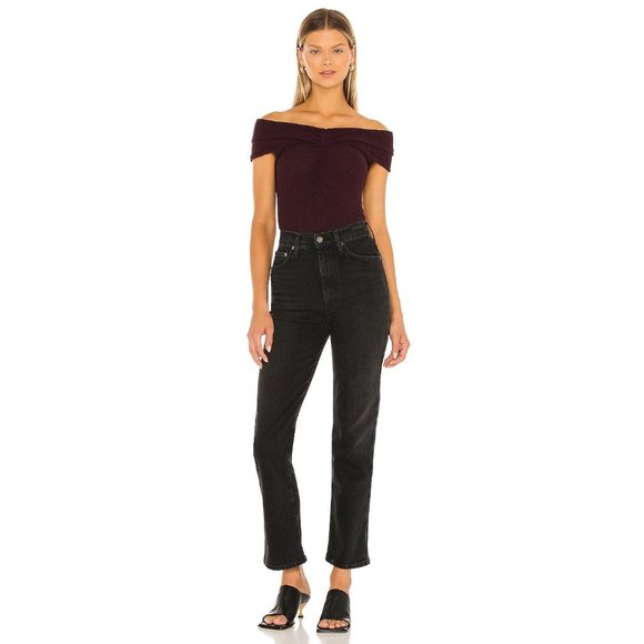 FREE PEOPLE This Cutie Ruched Off-The-Shouder Top Black Raisin - Picture 5 of 7
